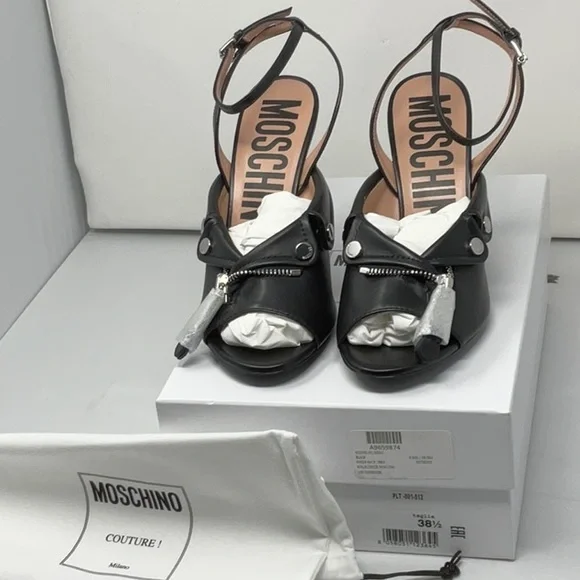 NIB Moschino Couture biker motif black ankle strap sandals, size 8.5 - Picture 2 of 9
